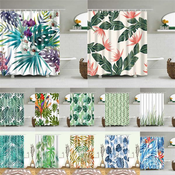Folhas africanas imprime cortinas de banho chuveiro tela impermeável para casa de banho decoração de casa poliéster tecido lavável cortina 210609