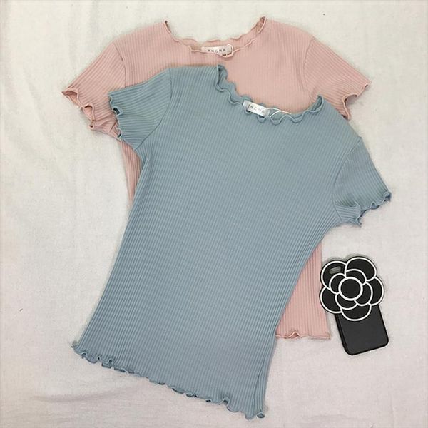 

tees ruffled trimmings ribbed crop women soft and stretchy short sleeve t shirts basic cropped top, White
