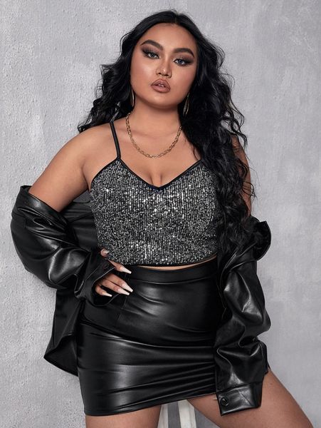 

plus sequin crop cami j7fj#, Black