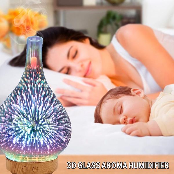 

fragrance lamps 100ml ultrasonic humidifier 3d fireworks cool mist aroma diffuser glass vase maker with 7 color led night light