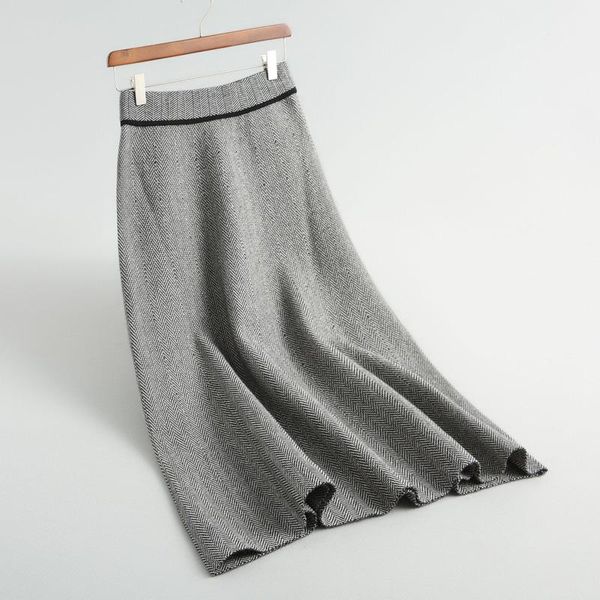 

skirts vintage high waist knitted woman winter elegant solid color a-line midi 2021 autumn ladies femme jupes, Black