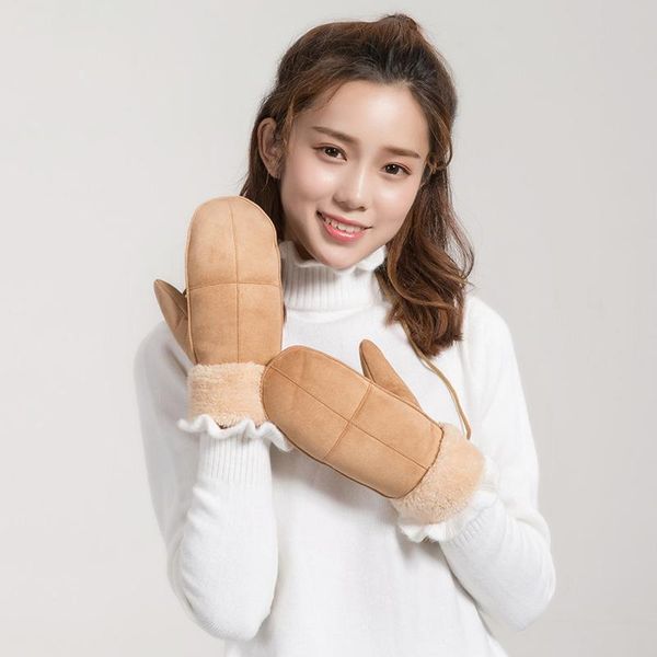

five fingers gloves fashion solid winter women men warm suede inside coral fleece thick mittens for female hanging rope femme, Blue;gray