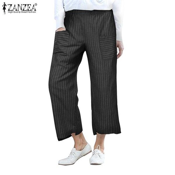 

women's pants & capris 2021 zanzea women casual vintage high elastic waist pockets striped baggy harem turnip trousers work ol wide leg, Black;white