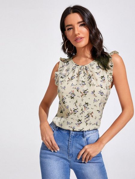 

gathered neckline ruffle trim floral w2df#, White