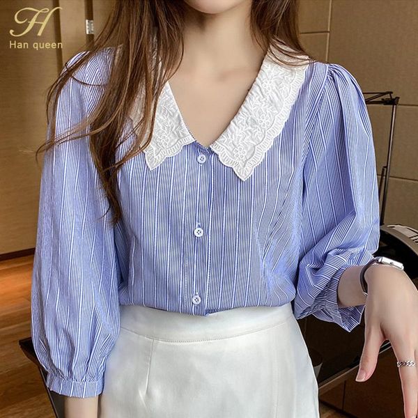 

han queen 2021 spring blue stripe shirt women's elegan loose work casual vintage blouse single-breasted office shirts blouses &, White