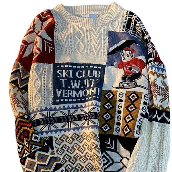 

men's sweaters round neck sweater 2021 christmas retro bear woman and men loose autumn winter fashion woolen clothes trend ins, White;black