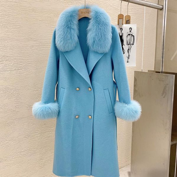 

women's wool & blends 2021 double-sided woolen real fur collar women trench coats fashion cashmere coat mid-length, Black