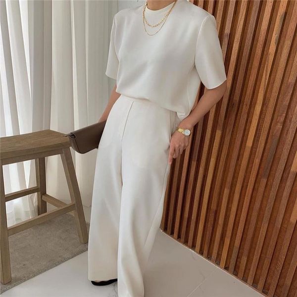 

casual loose pant suits two piece set women outfits short sleeve and high waist long ensemble femme 2 pieces women's pants, White