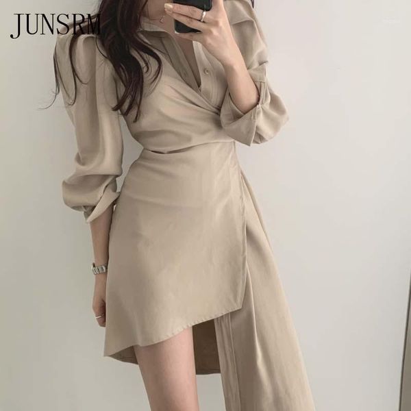 

women korean chic elegant spring vintage irregular midi dress temperament slim waist empire a line pleated shirts dresses casual, Black;gray