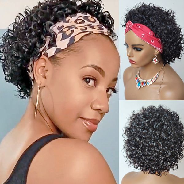 Brazilian Headband Wig Pixie Corte Virgem Humano Cabelo Curto Curly Bob Para Mulheres Negras Macias Completas Naturais Macias Made