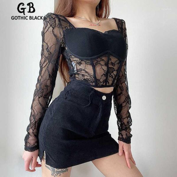 

women's t-shirt gothblack vintage solid slim crop women fashion bodycon long sleeve splice lace short t shirt streetwear party, White