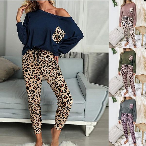 

women's tracksuits autumn and winter casual home leopard print long-sleeved trousers two-piece suit, Gray