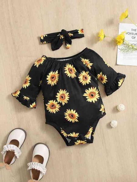 

baby sunflower print ruffle cuff bodysuit with headband she, Blue