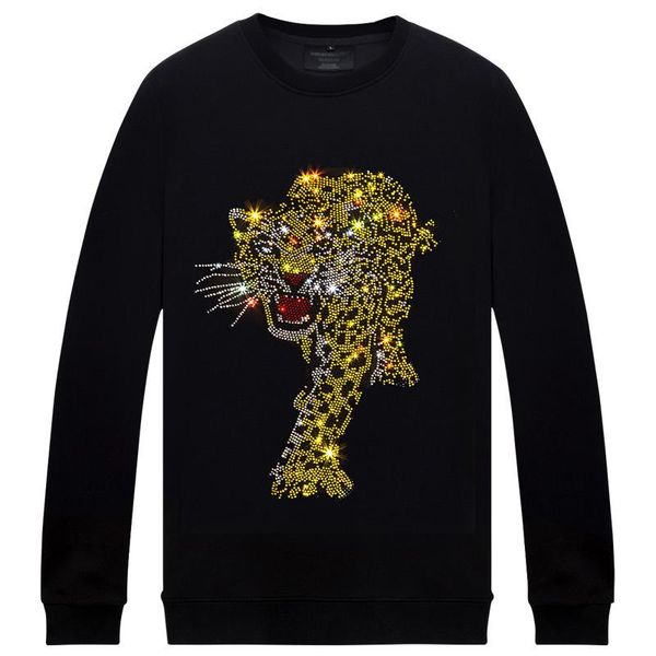 

men's hoodies & sweatshirts plus size 6xl fashion leopard rhinestone sweatshirt hoodie black white loose fit pullover for male