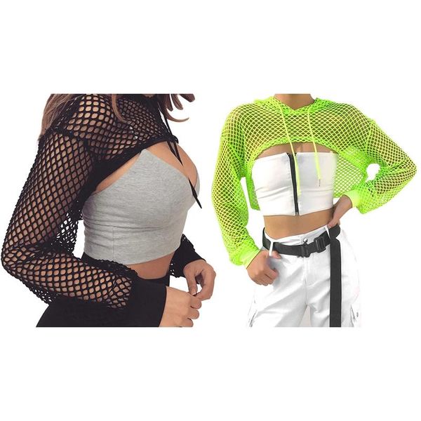 

women's swimwear 2 pcs long sleeve t shirt women mesh hooded hollow out punk rock short crop t-shirt l, black & green, White;black