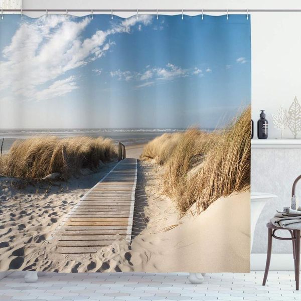 

shower curtains european curtain, footpath sunny day windy weather beach grass germany landscape, cloth fabric bathroom decor