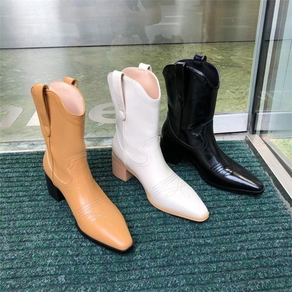 

boots autumn and winter 2021 short women's shoes western pointed tube single cowhide horse, Black