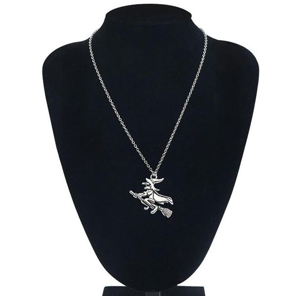 

chains witch on broomstick halloween necklace short long diy handmade pendant women men fashion jewelry gift, Silver