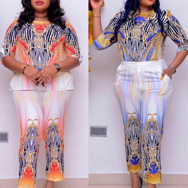 

plus size suit 2 piece set african clothes tracksuit women casual print o neck and long pants sets outfits vestidos 2021 ethnic clothing, Red
