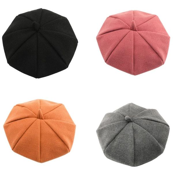 

kids girls winter knitted beret hat solid color outdoor travel vintage adjustable octagonal pumpkin painter beanie cap caps & hats, Yellow
