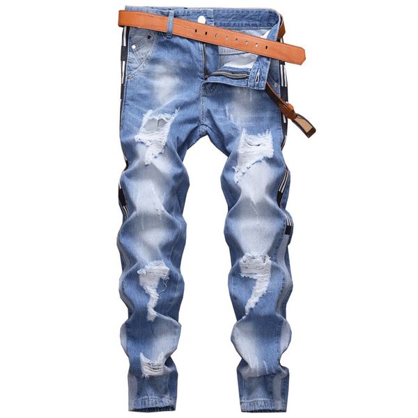 New Fashion Mens Cotton Squipped Hole Jeans Casual Slim Skinny Light Blue Pants Pantaloni da uomo Pantaloni maschili Hip-Hop Denim Pantaloni