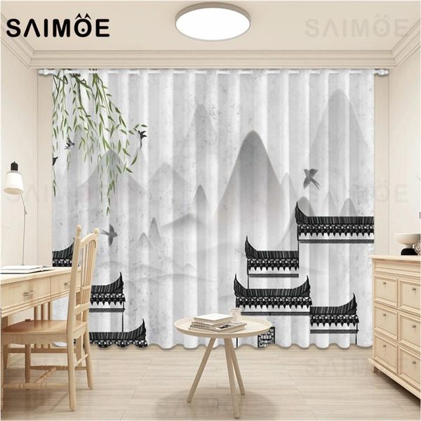 

curtain & drapes abstract ink curtains chinese building landscape living room golden lines modern art bedroom ultra micro shading