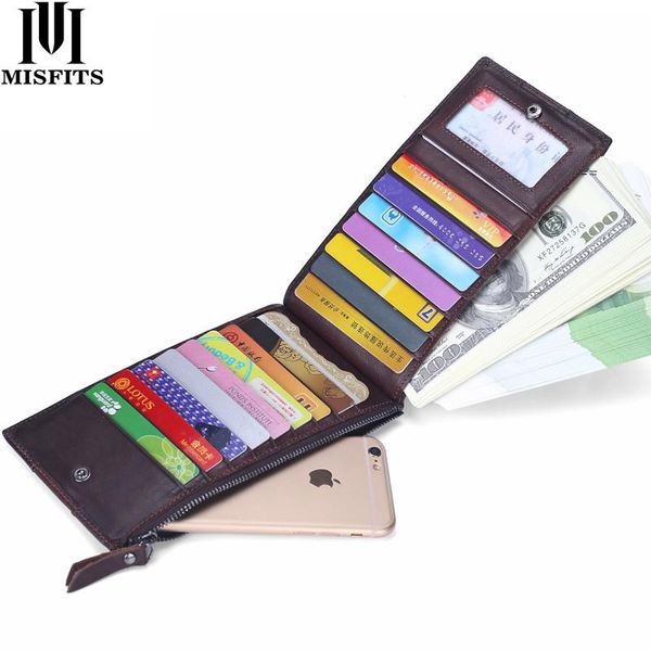

card holders misfits men genuine leather thin id holder business male vintage long purse zipper pocket case clutch wallets, Brown;gray