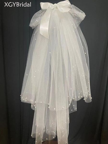 

bridal veils arrival luxury tulle veil short pearl beaded wedding with hair comb two layer bow knot accessories, Black