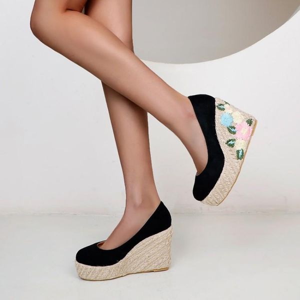 

dress shoes 2021 flower wedge with waterproof platform size single shoe female heels k02-6, Black