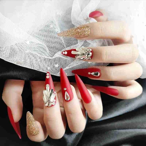 

false nails 24pcs gray-brown rhinestone pearl fake with design removable wearable long coffin patch full cover ballerina, Red;gold
