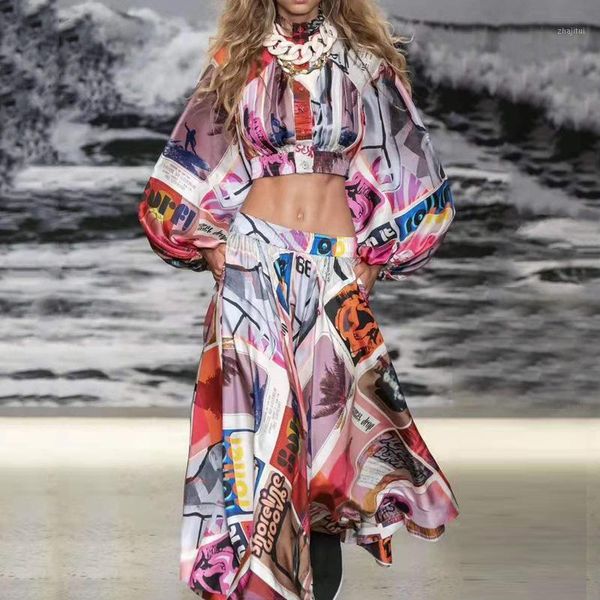 

two piece dress 2021 autumn women runway print short blouse and high waist pants, White