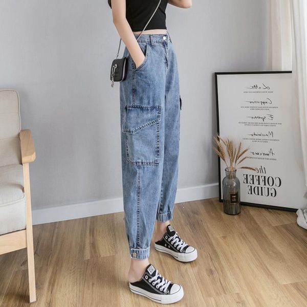 

women's jeans woman pants overalls loose summer ankle banded pantalones vaqueros mujer, Blue