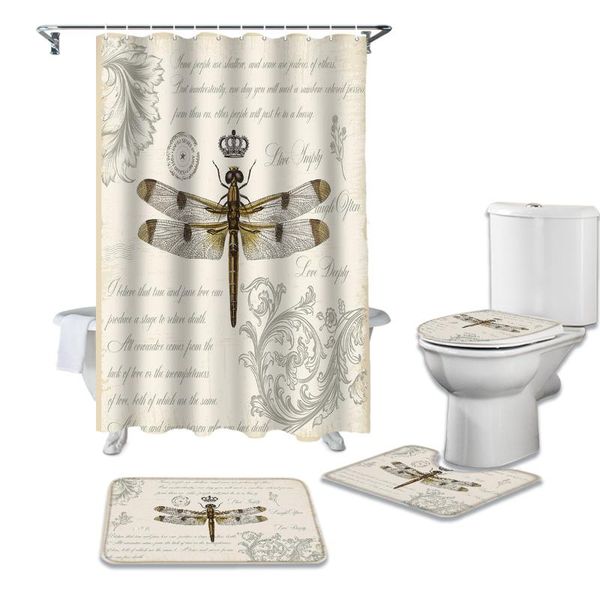 

dragonfly crown retro shower curtain sets non-slip rugs toilet lid cover and bath mat waterproof bathroom curtains