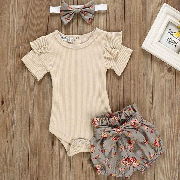 

clothing sets summer infant clothes baby girl ruffled ribbed bodysuit girls floral shorts headband born 3pcs set, White