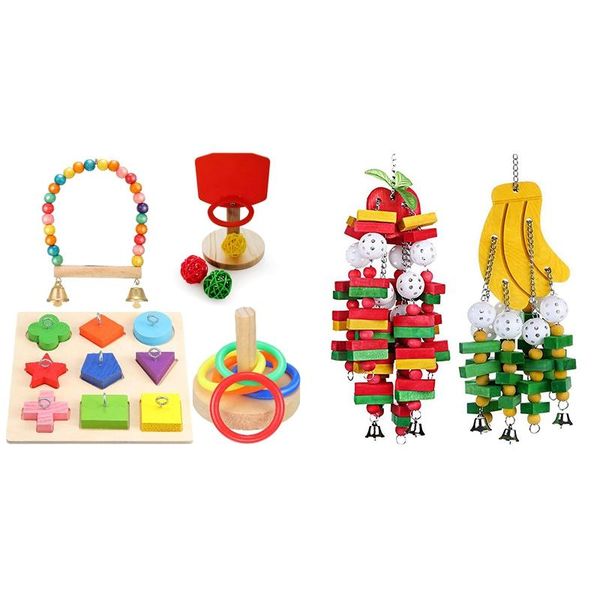 

other bird supplies 2 set toy: 1 banana apple parrot cake chew toy & block puzzle basketball colorful stacking rings