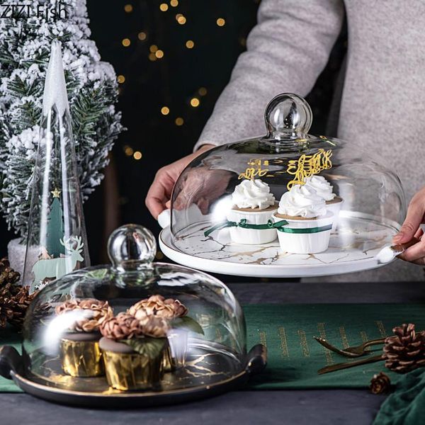 

nordic imitation marblen ceramics cake plate glass cover dessert table display stand tray home kitchen decoration festive party baking & pas