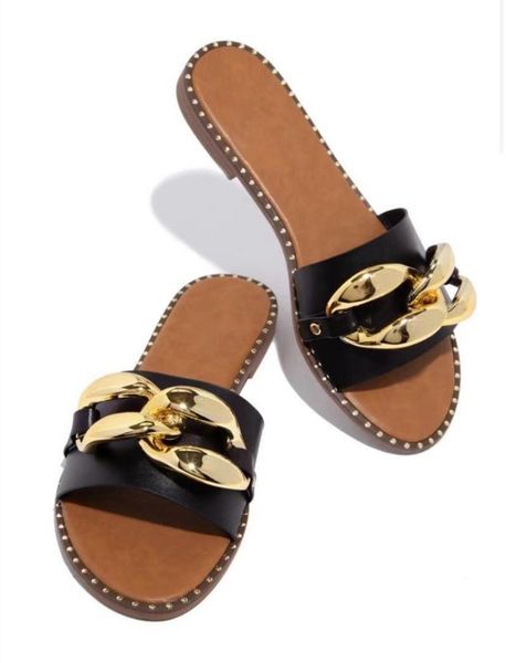 

slippers big double chain buckle 2021 summer women's sandals fashion flat shoes, Black