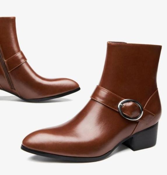 

boots winter men pointed toe high heel ankle male fashion leather dress heels big size, Black