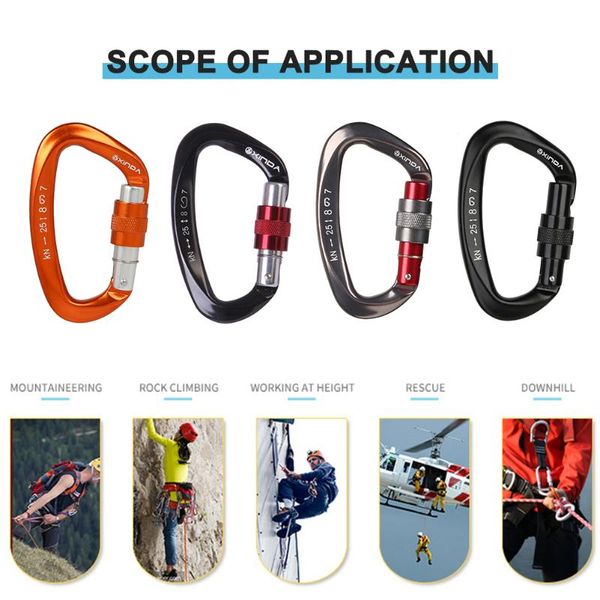 

cords, slings and webbing 25kn mountaineering rock climbing carabiner aluminum alloy d shape safety master screw lock buckle outdoor caving