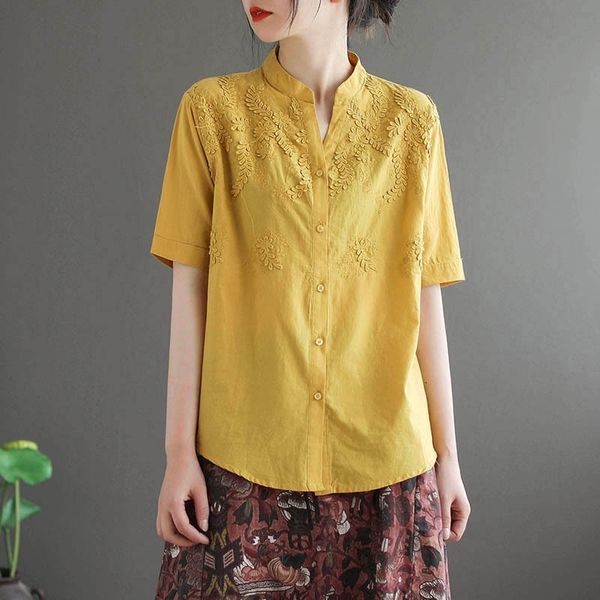 

johnature vintage women clothes spring shirt embroidery short sleeve v-neck solid color women 210521, White