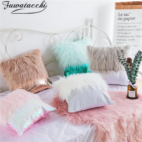 

fuwatacchi sequined bow cushion cover plush furry velvet throw pillowcases home decor pillow covers solid nordic housse coussin cushion/deco