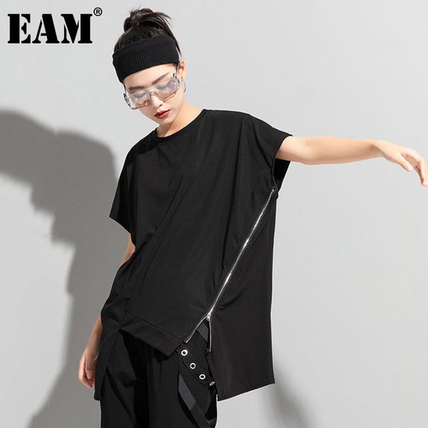 

[eam] women black big size casual irregular zipper t-shirt round neck short sleeve fashion spring summer 1dd8098 210512, White