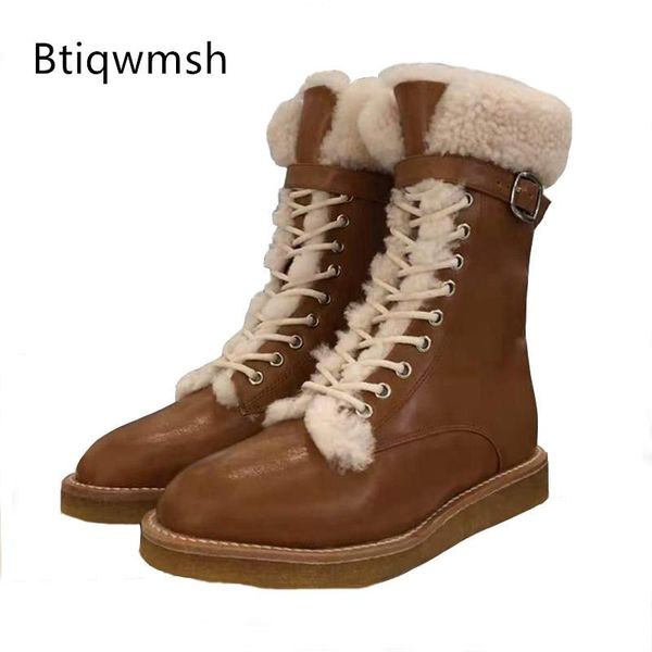 

boots brown real leather snow women pointed toe wool fur flat botas de mujer fashion warm ankle, Black