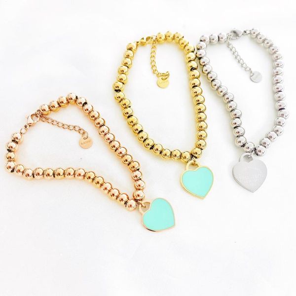 

bangle women's stainless steel jewelry blue green enamel heart-shaped lock big round beads beaded bracelet sweet for lovers, Black