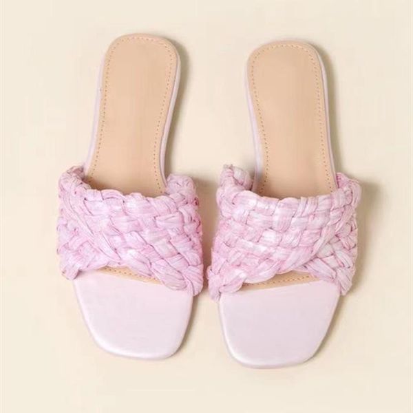 

slippers braided square toe slides shoes women sandal flat fancy 2021 summer casual size 42, Black