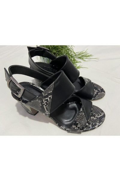 

sandals women black snake skin print galvanized heel thick high-heeled shoes