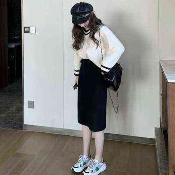 

luxury dress autumn small man knitted suit women's two-piece set 20221 style skirt sweater, Black;gray