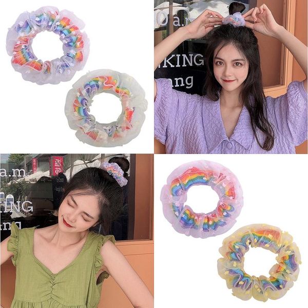 

hair accessories sweet lovely printing rainbow large intestine headress elastic hairband women girl rope ponytail holder 49 styles, Slivery;white