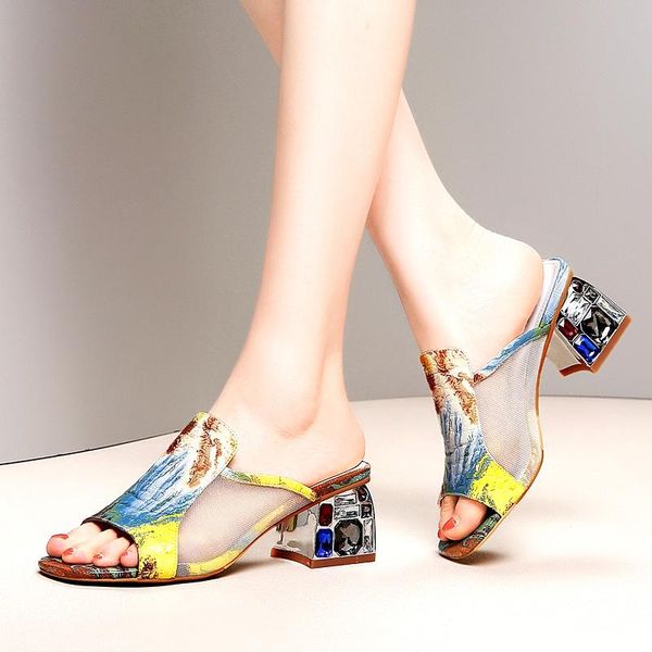 

royesic, summer, slippers, high heels, europe and america, water drill heel, flower + yarn, barefoot women, full leather sandals dress shoes, Black