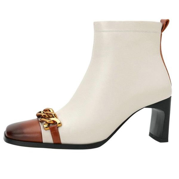 

boots square toe metal chain woman female genuine leather autumn winter women ankle office party casual high heels, Black